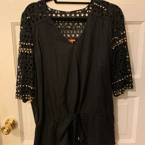 Tory Burch gold embellished black tunic drawstring